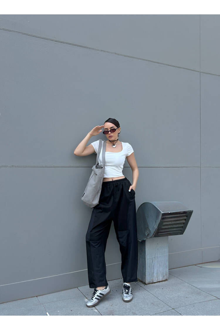 Black Combed & Woven Garnished Design Oversize Shawl Pants 29158