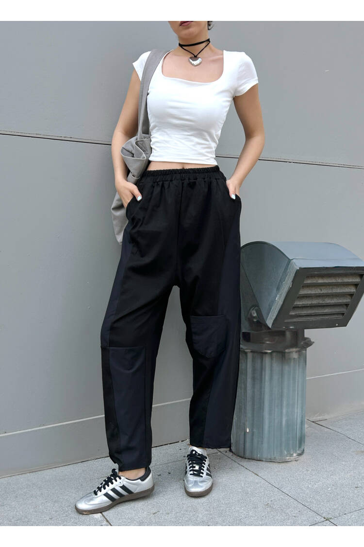 Black Combed & Woven Garnished Design Oversize Shawl Pants 29158