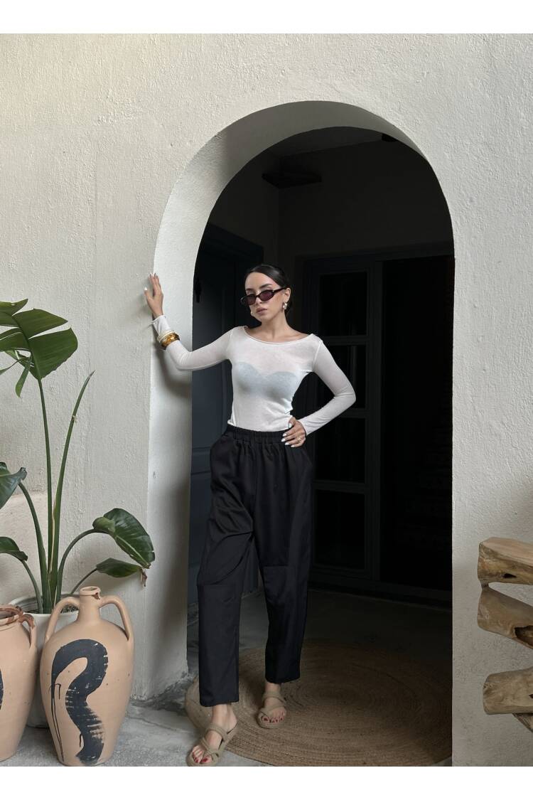 Black Combed & Woven Garnished Design Oversize Shawl Pants 29158