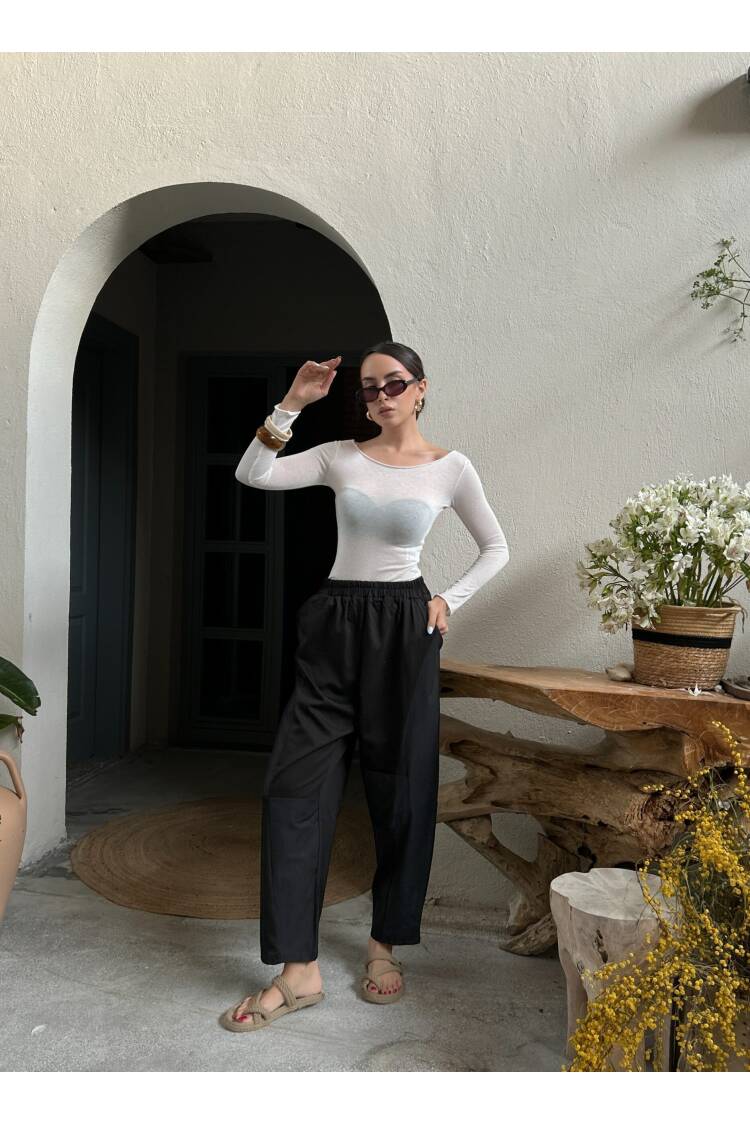 Black Combed & Woven Garnished Design Oversize Shawl Pants 29158