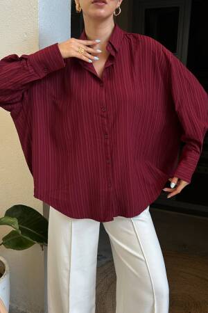 Burgundy Oversize Wide Cuff Women's Shirt 27384 - First Angels - Globality Store - Women Clothes Wholesale Turkey