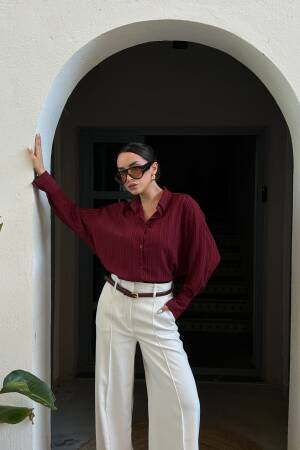 Burgundy Oversize Wide Cuff Women's Shirt 27384 - First Angels - Globality Store - Women Clothes Wholesale Turkey