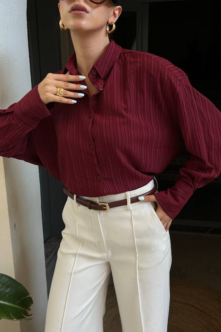 Burgundy Oversize Wide Cuff Women's Shirt 27384