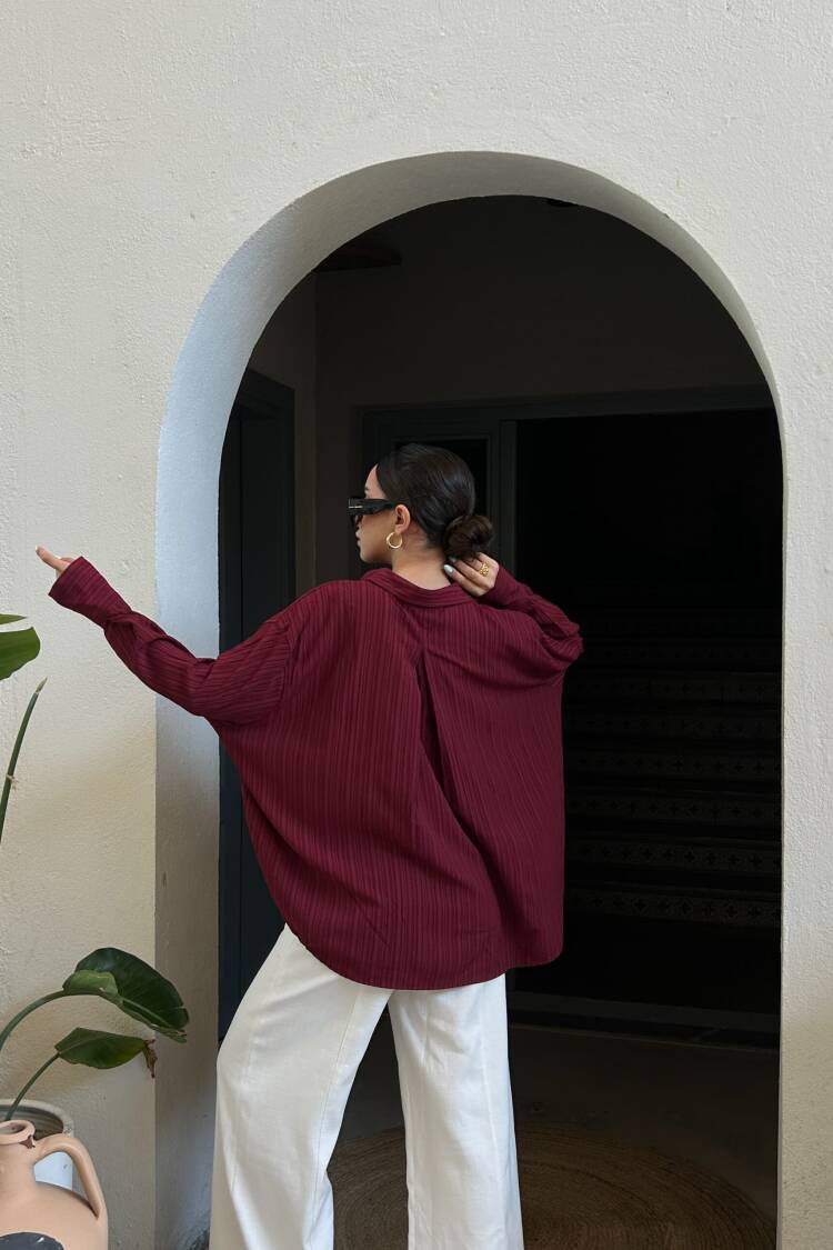 Burgundy Oversize Wide Cuff Women's Shirt 27384