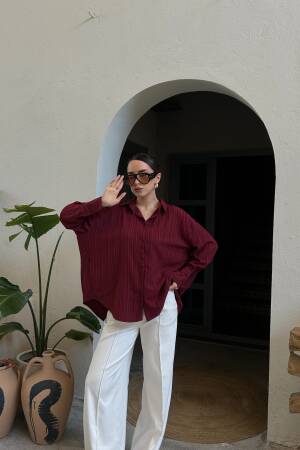 Burgundy Oversize Wide Cuff Women's Shirt 27384 - First Angels - Globality Store - Women Clothes Wholesale Turkey