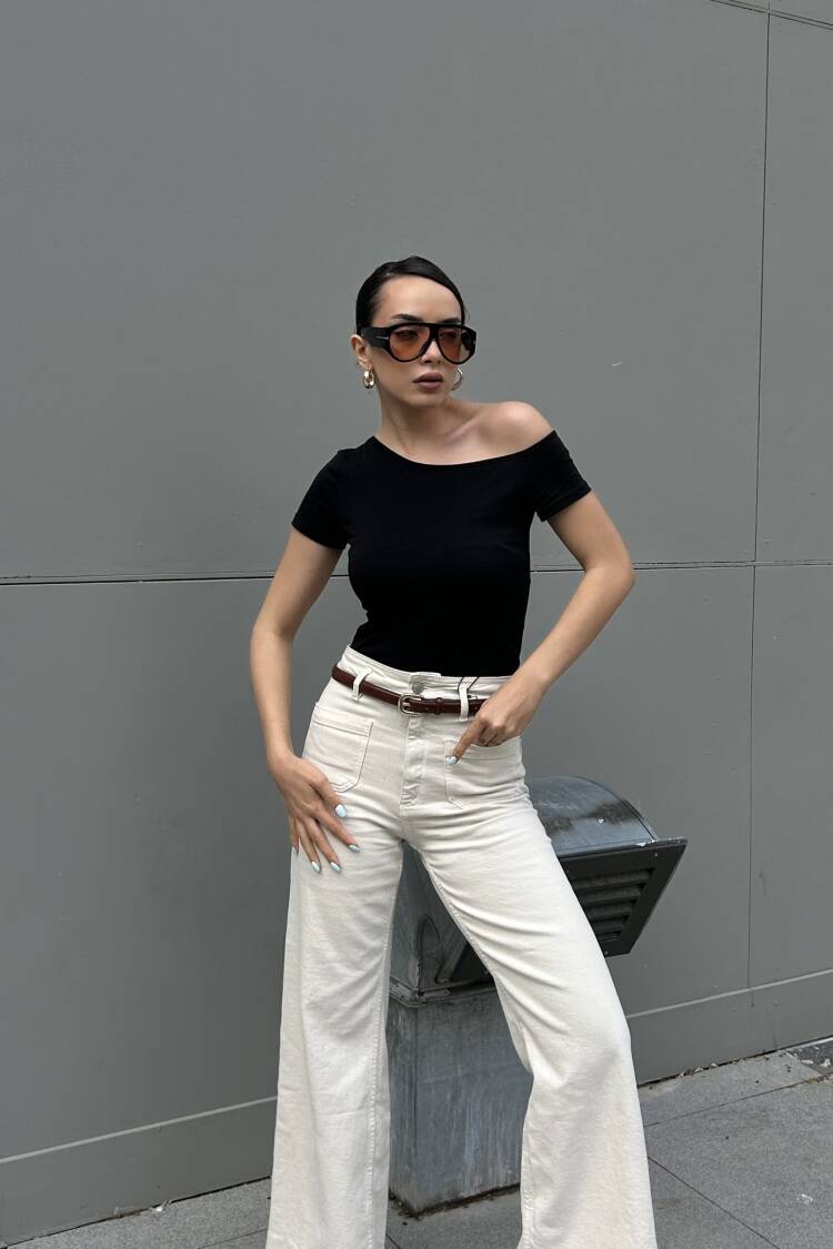 Black Boat Neck Cotton Fabric Short Sleeve Bodysuit 29129