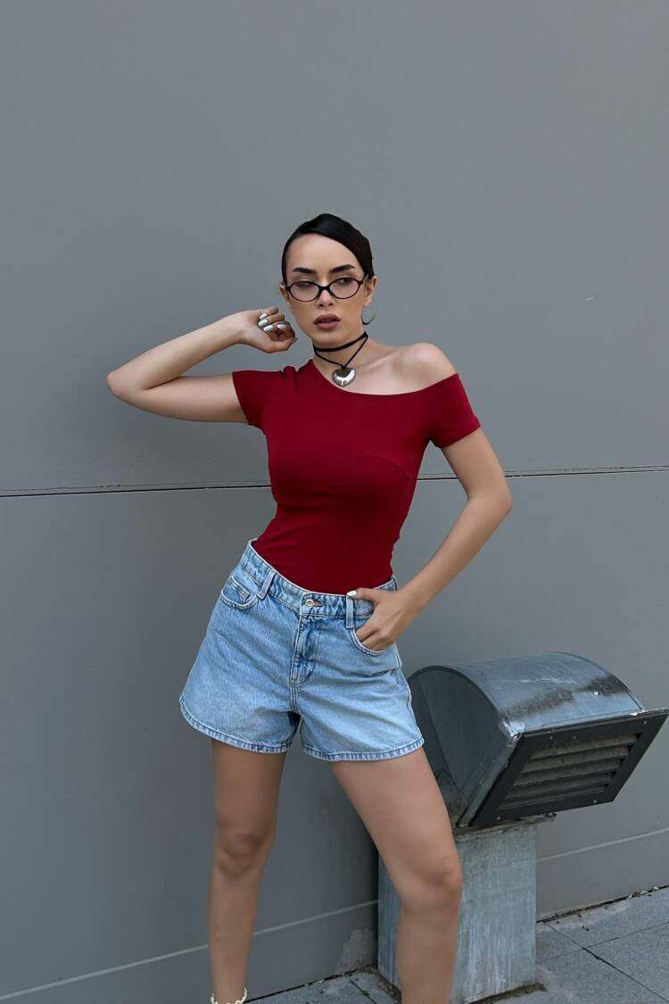Burgundy Boat Neck Cotton Fabric Short Sleeve Bodysuit 29129