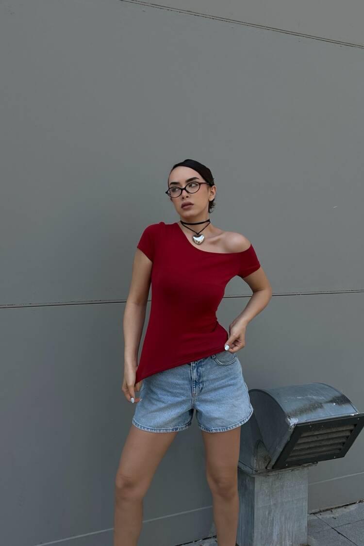 Burgundy Boat Neck Cotton Fabric Short Sleeve Bodysuit 29129