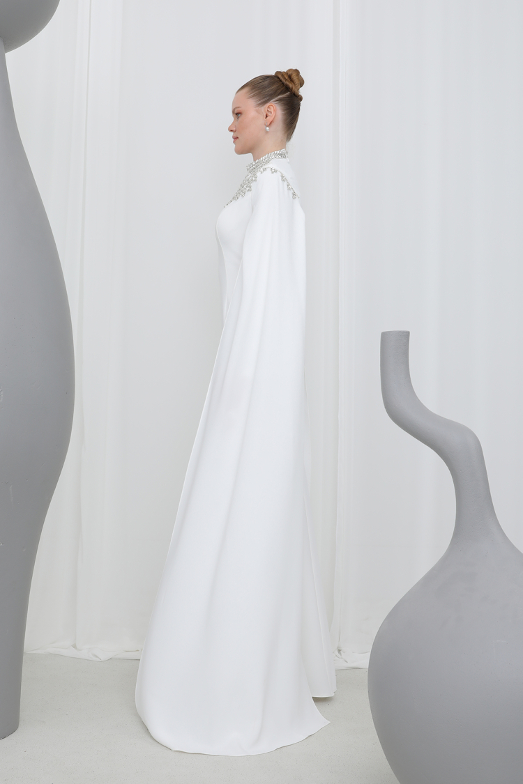 Women's Stone Embroidered Long Sleeve Evening Dress