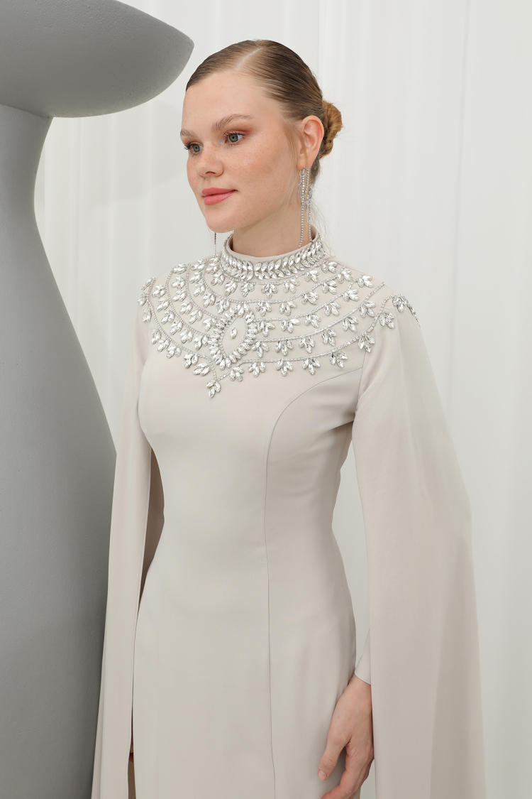 Women's Stone Embroidered Long Sleeve Evening Dress