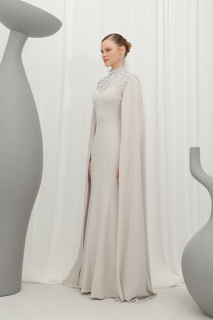 Women's Stone Embroidered Long Sleeve Evening Dress