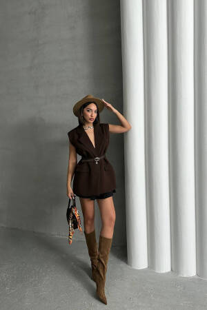 Sleeveless Blazer Jacket With Bow Belt - Mode Roy - Globality Store - Women Clothes Wholesale Turkey