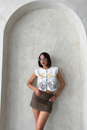 Embroidered Zero Sleeve Shirt - Brown - Topshow - Globality Store - Women Clothes Wholesale Turkey