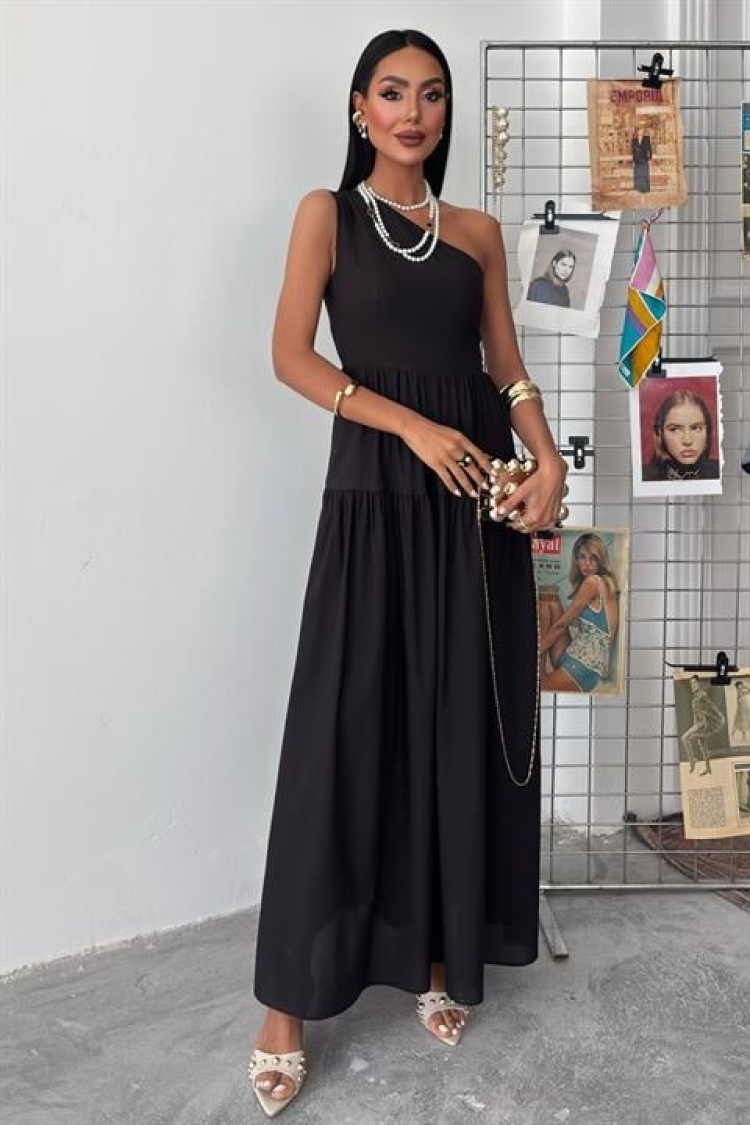 One Shoulder Pile Detail Maxi Dress