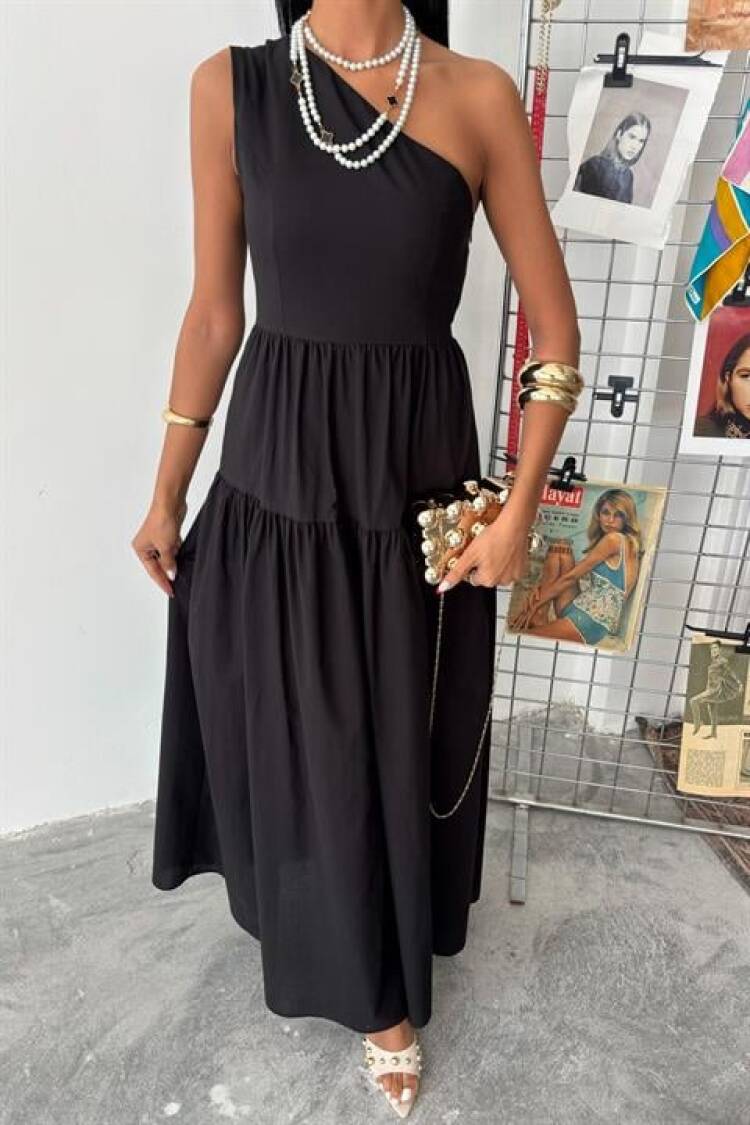 One Shoulder Pile Detail Maxi Dress