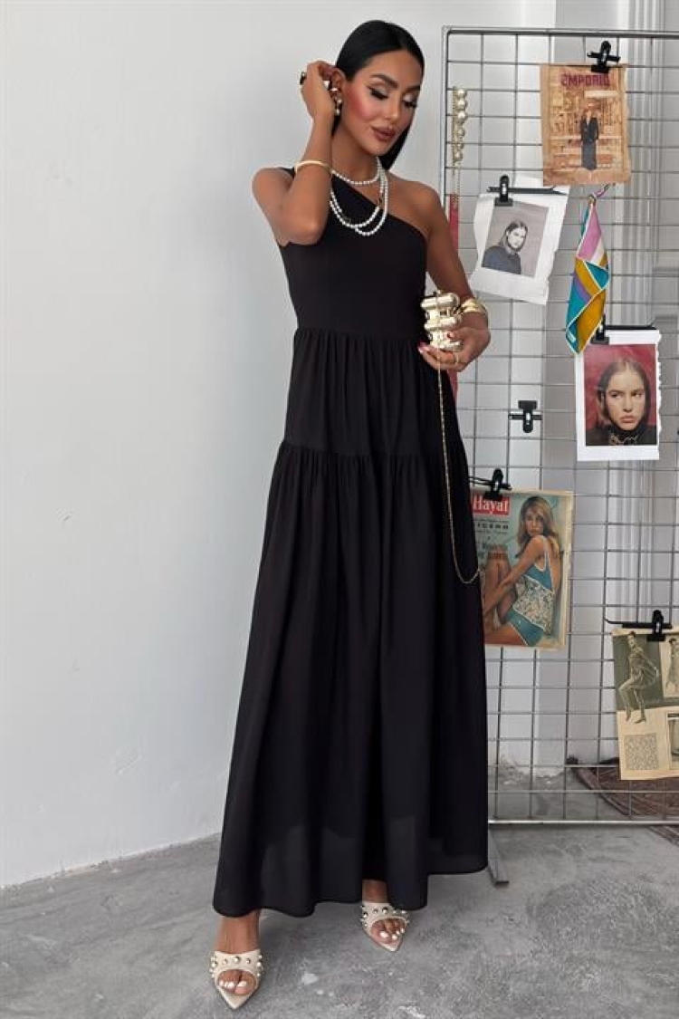 One Shoulder Pile Detail Maxi Dress