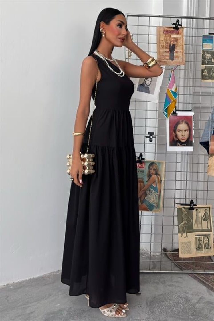 One Shoulder Pile Detail Maxi Dress