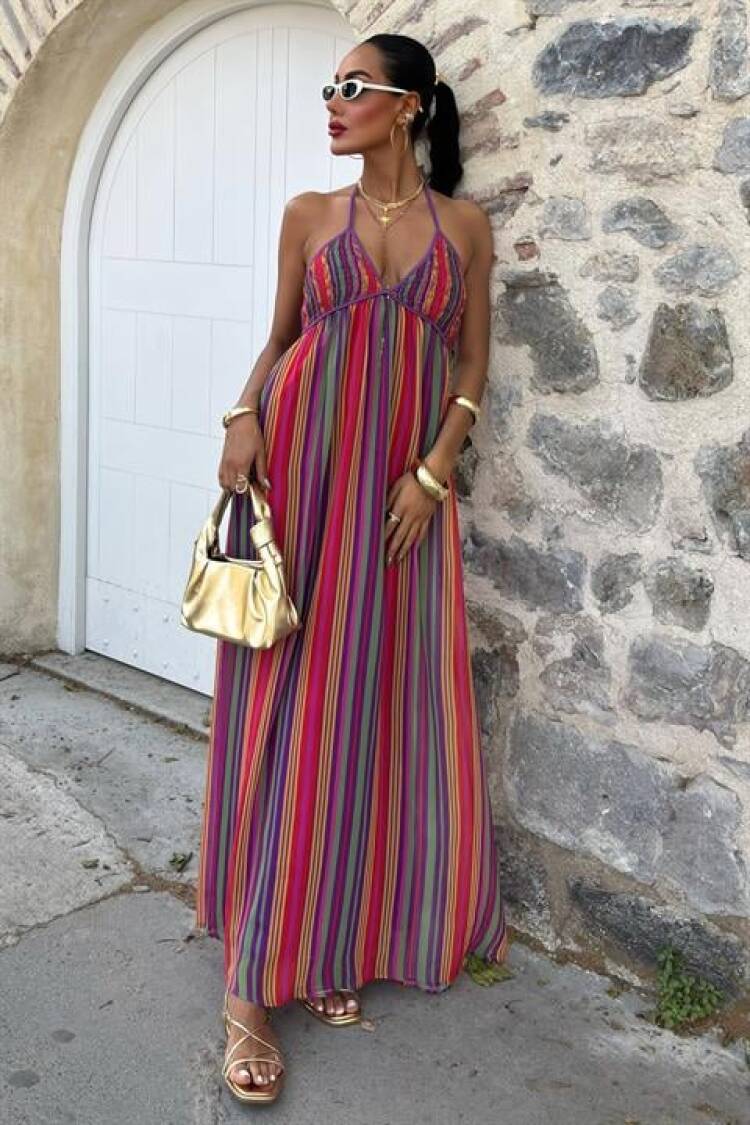 Colored Maxi Dress With Strap Pile Detail - Sobe Istanbul - Globality Store - Women Clothes Wholesale Turkey