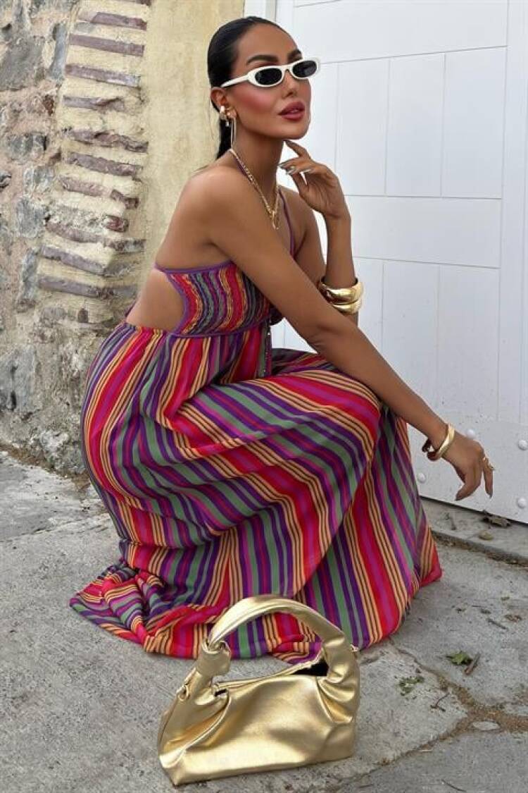 Colored Maxi Dress With Strap Pile Detail