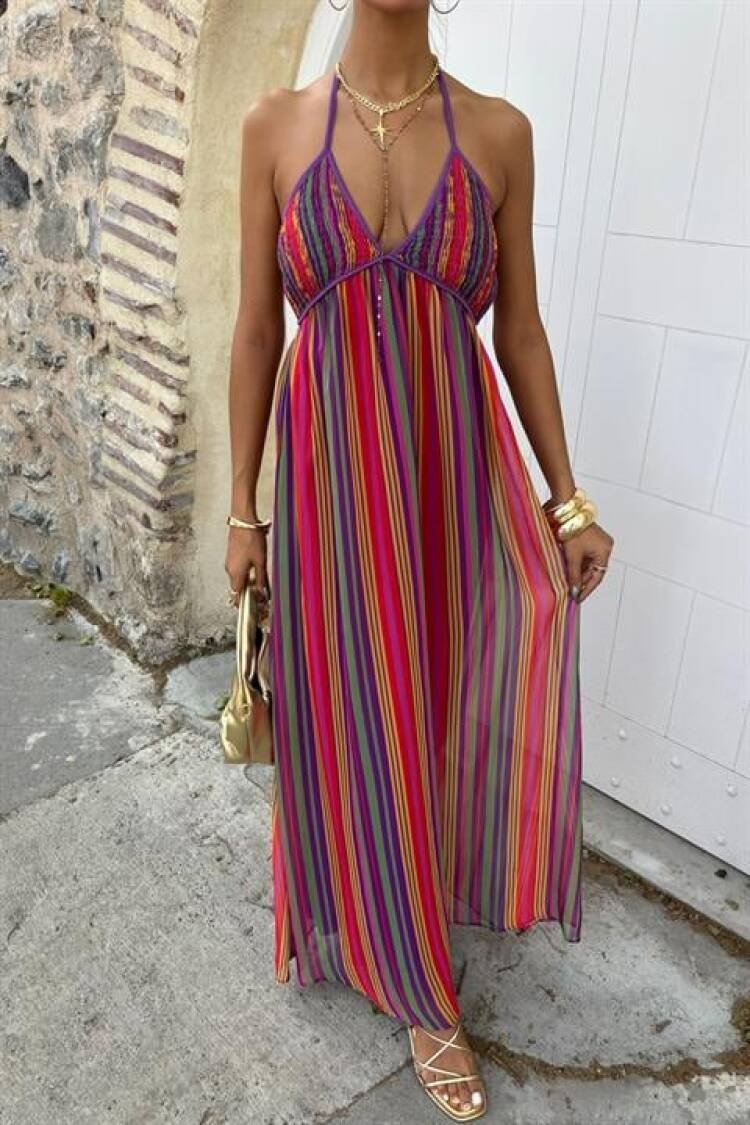 Colored Maxi Dress With Strap Pile Detail