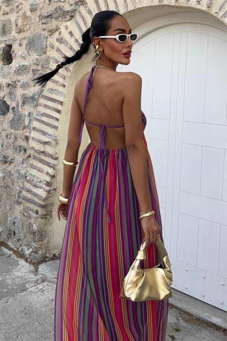 Colored Maxi Dress With Strap Pile Detail