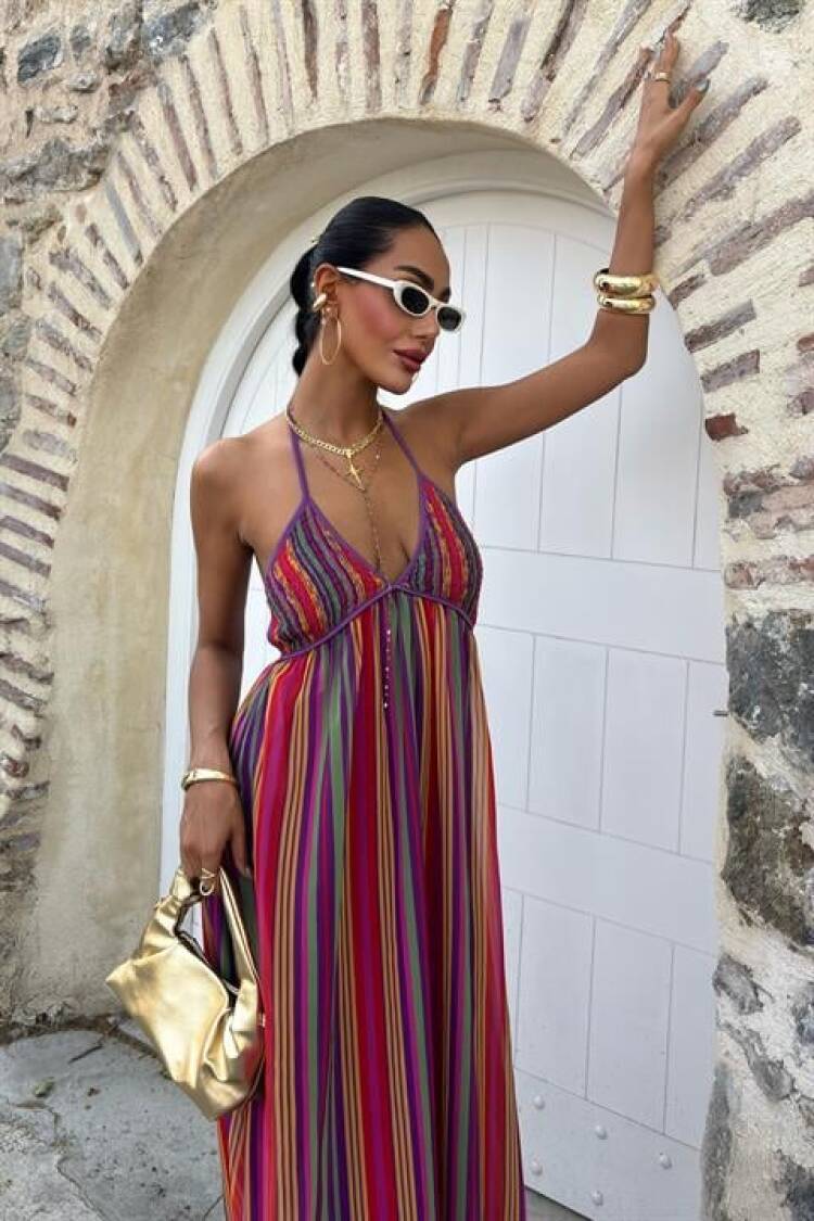 Colored Maxi Dress With Strap Pile Detail