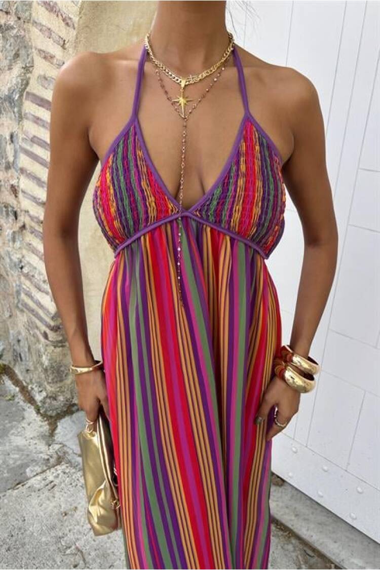 Colored Maxi Dress With Strap Pile Detail