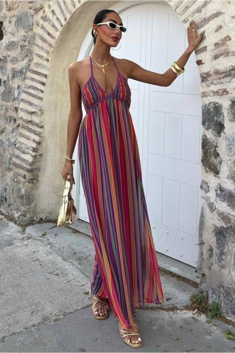 Colored Maxi Dress With Strap Pile Detail