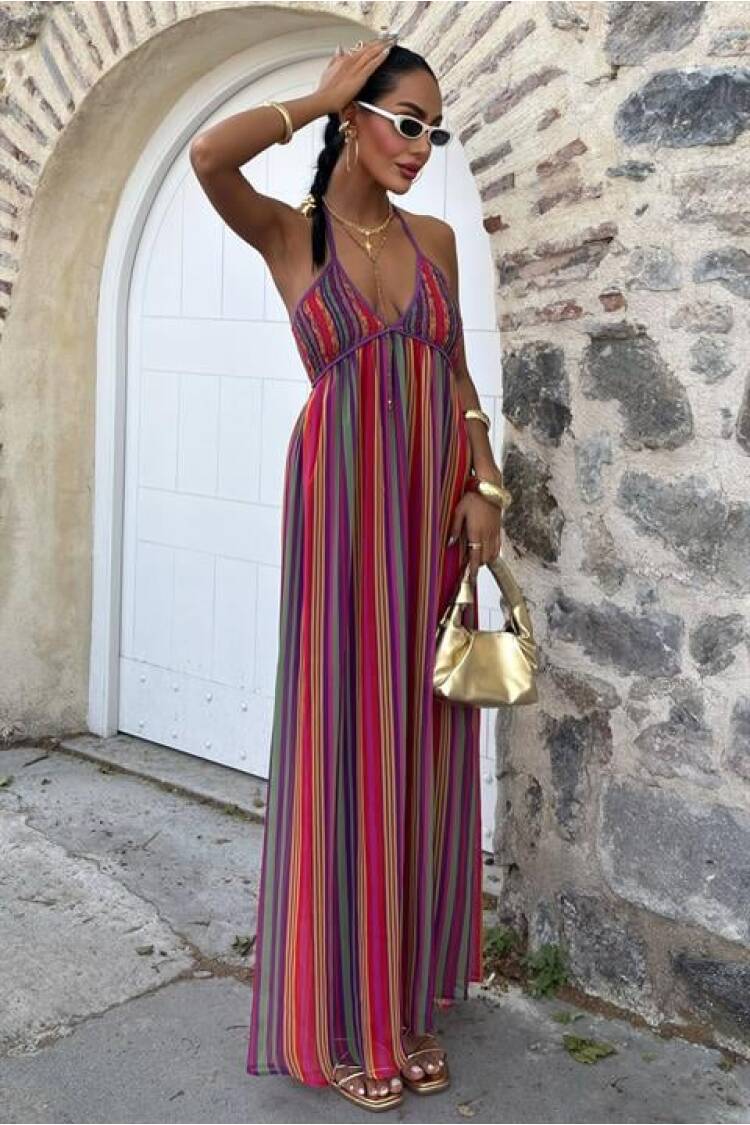 Colored Maxi Dress With Strap Pile Detail