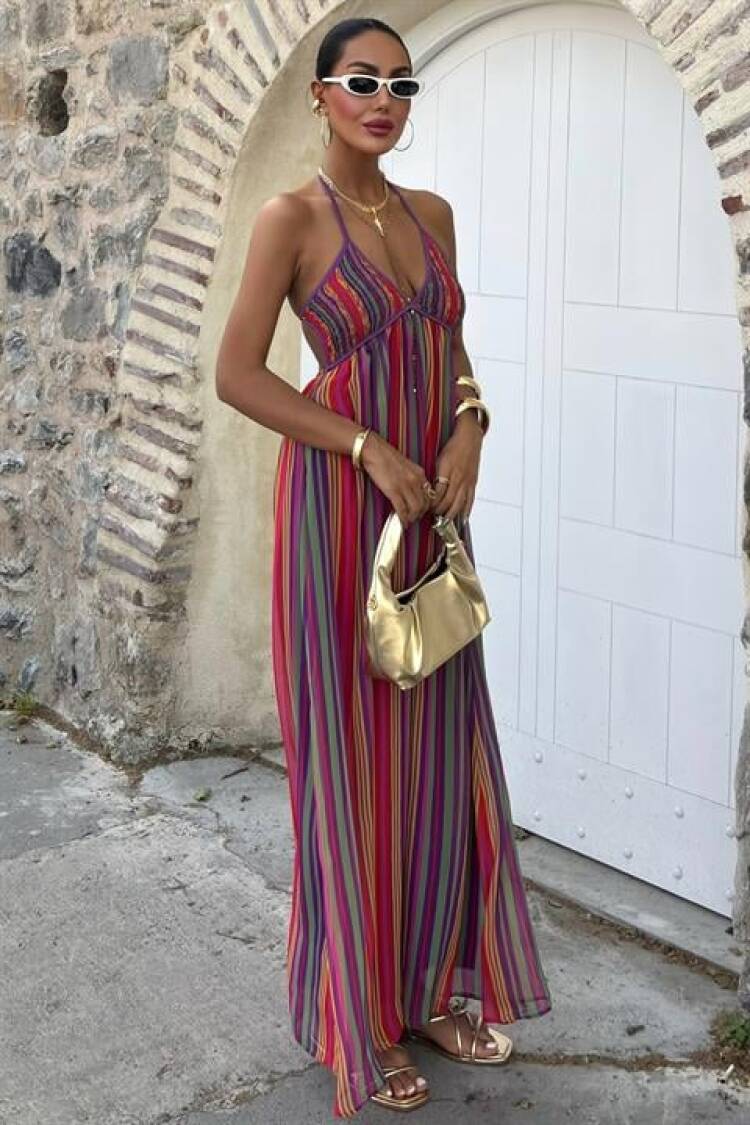 Colored Maxi Dress With Strap Pile Detail