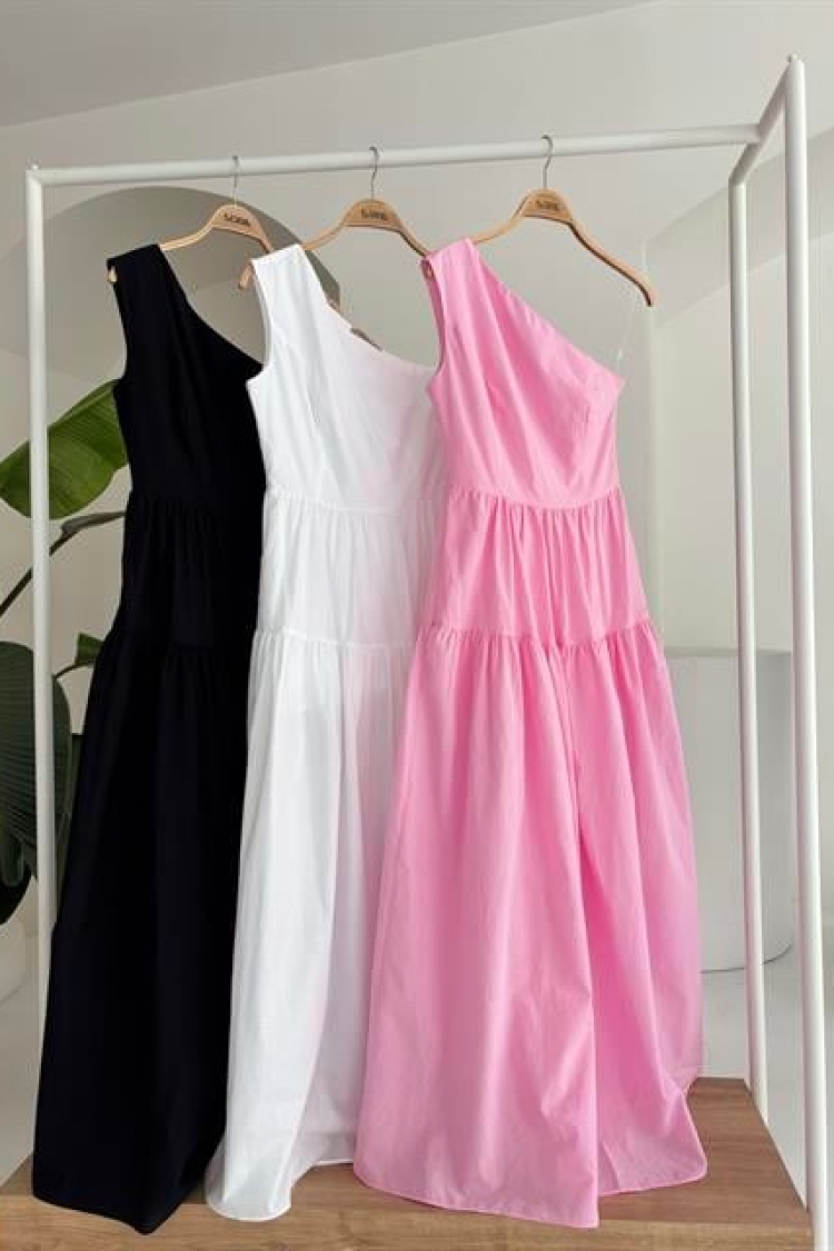 One Shoulder Pile Detail Maxi Dress