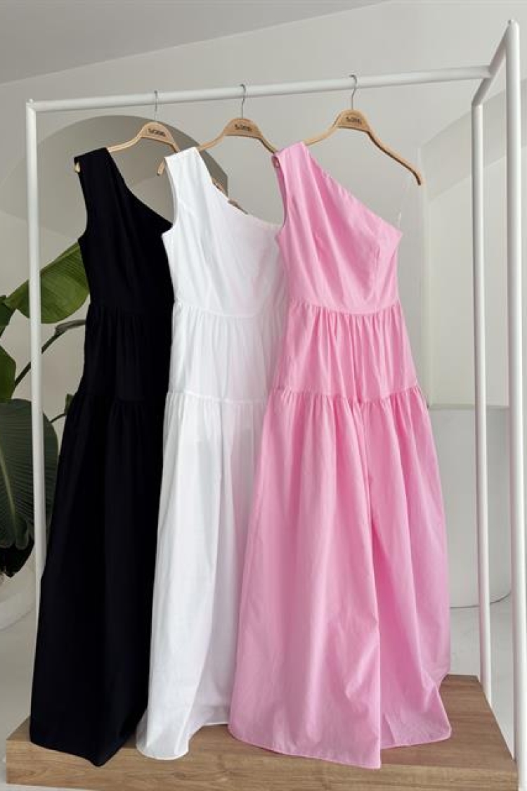 One Shoulder Pile Detail Maxi Dress