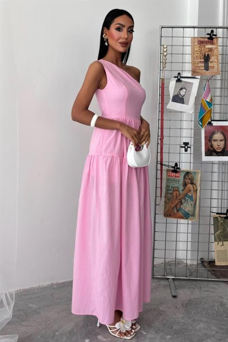 One Shoulder Pile Detail Maxi Dress