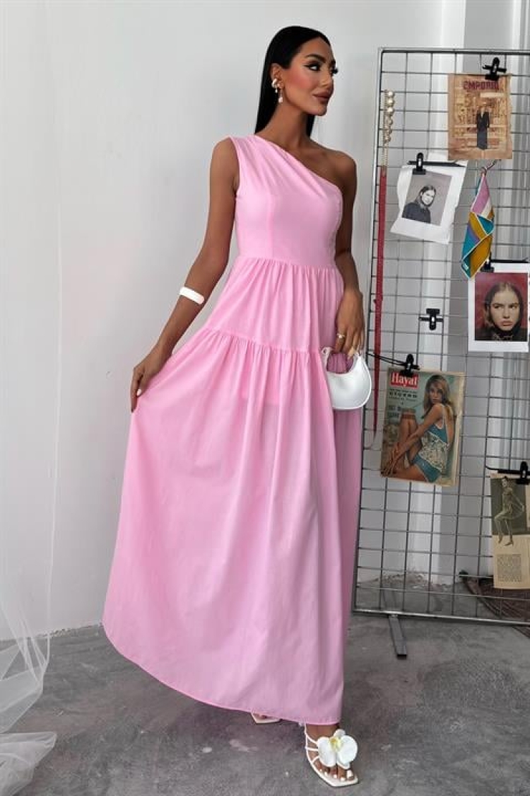 One Shoulder Pile Detail Maxi Dress