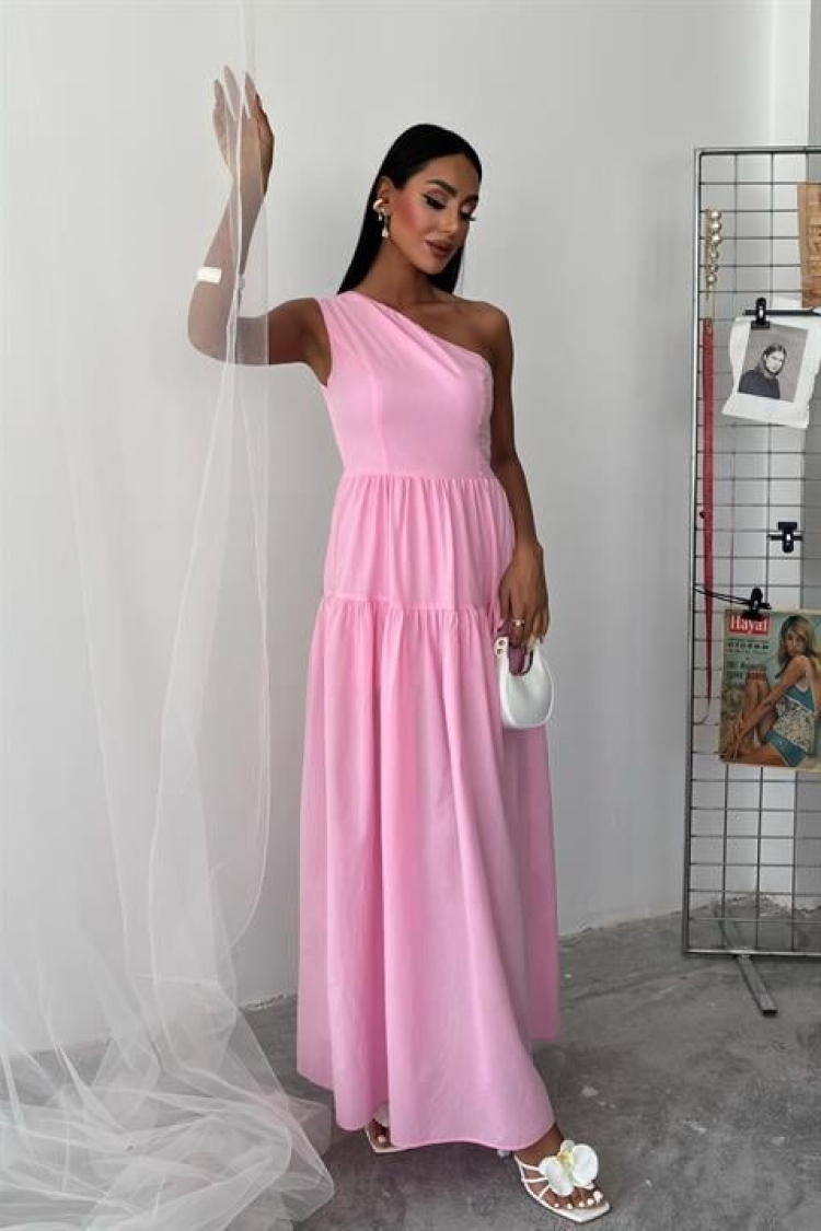 One Shoulder Pile Detail Maxi Dress