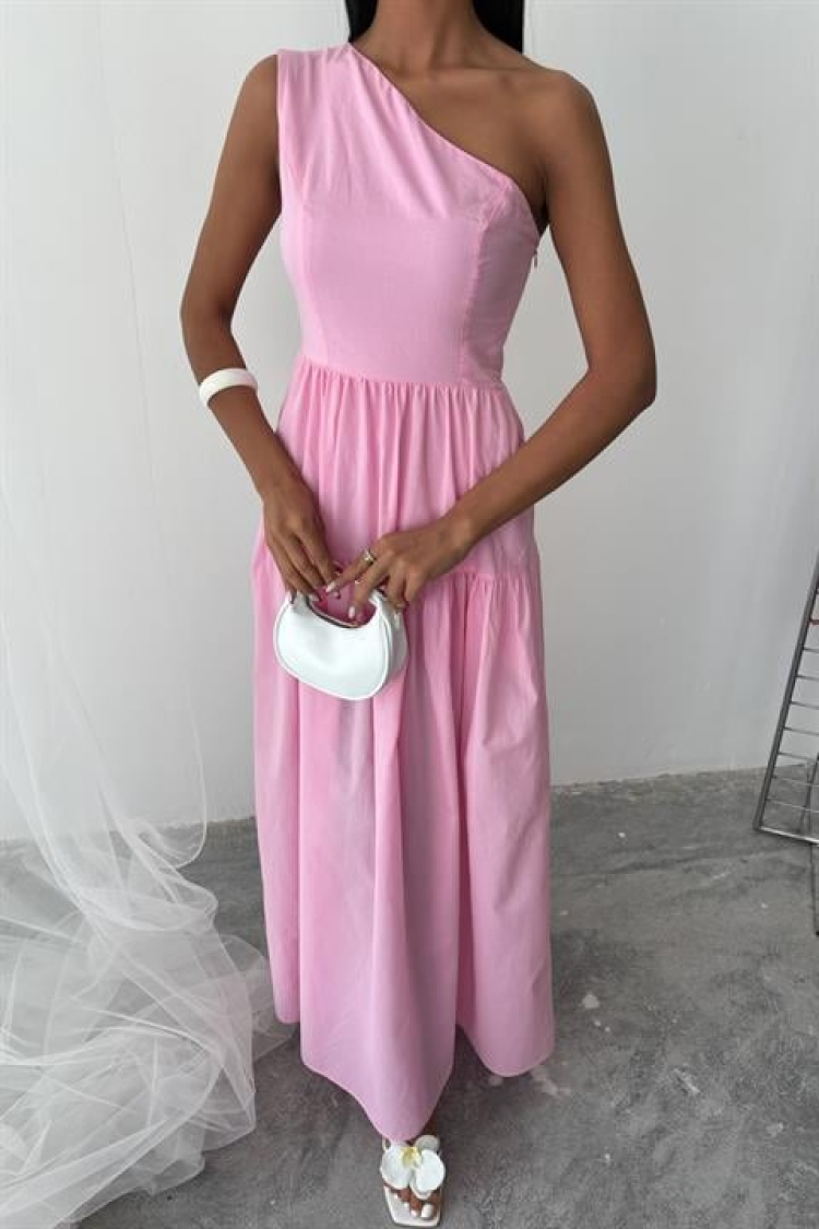 One Shoulder Pile Detail Maxi Dress