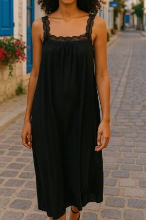 Women's Lace Strap Square Neck Long Viscose Dress - Black - Brand: Janes - Women's Clothing Wholesale - Globality Store