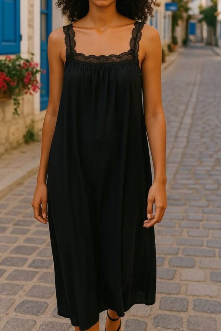 Women's Lace Strap Square Neck Long Viscose Dress - Black