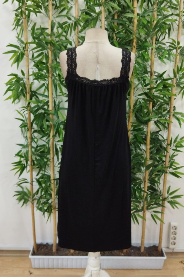 Women's Lace Strap Square Neck Long Viscose Dress - Black