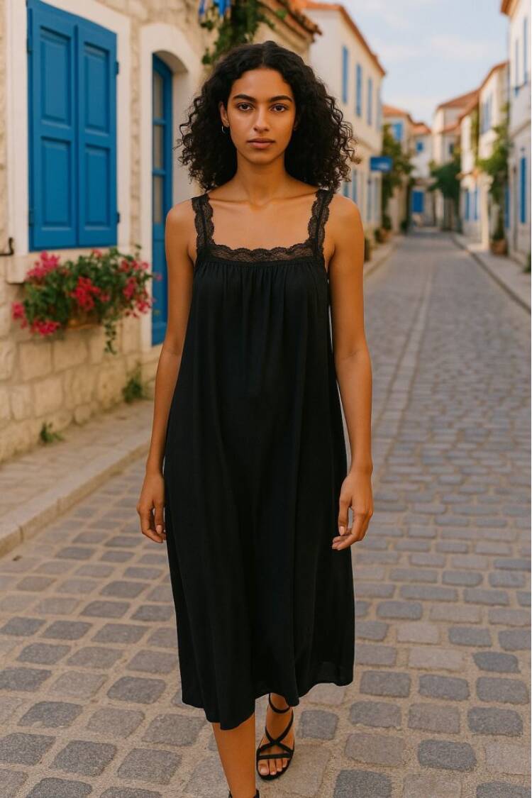 Women's Lace Strap Square Neck Long Viscose Dress - Black - Brand: Janes - Women's Clothing Wholesale - Globality Store