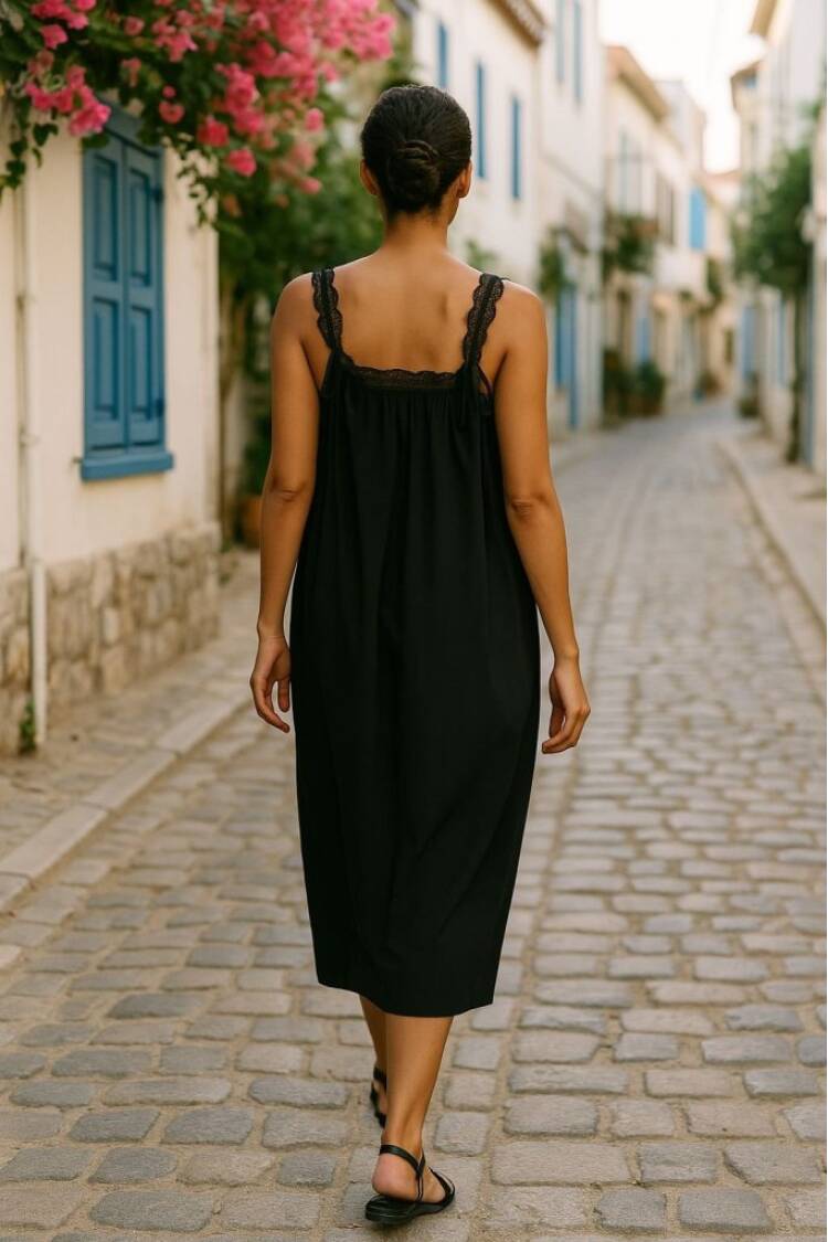 Women's Lace Strap Square Neck Long Viscose Dress - Black