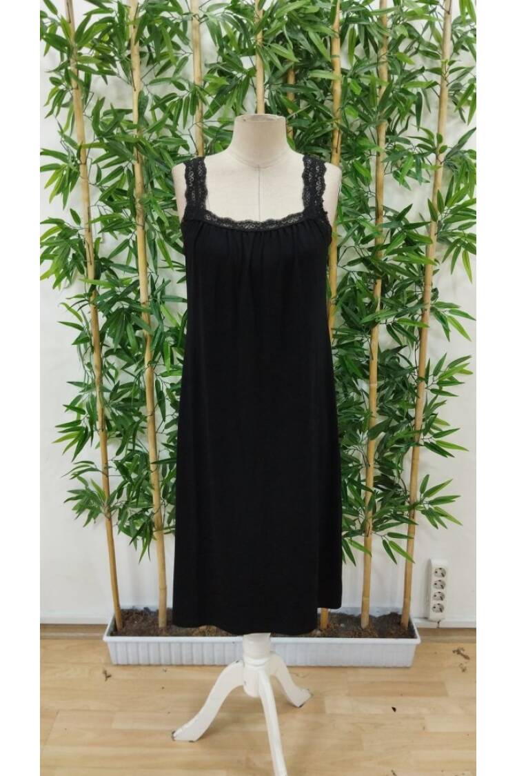Women's Lace Strap Square Neck Long Viscose Dress - Black