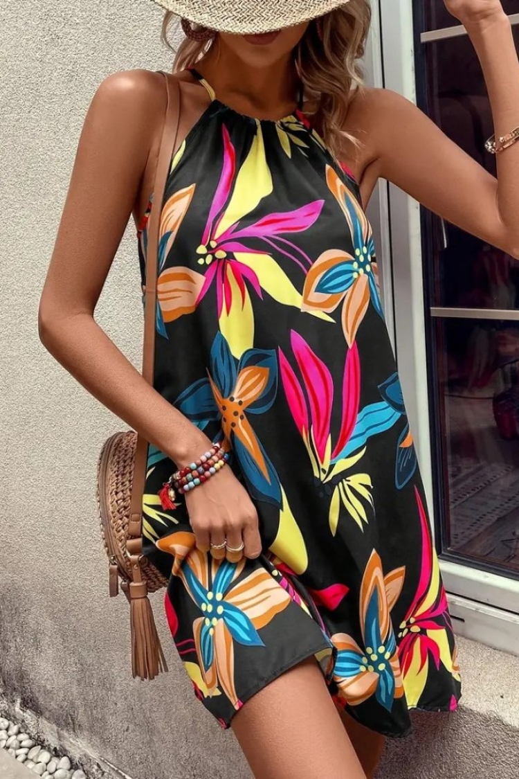 Women's Off Shoulder Floral Print Neck Tie Up Top Dress - Mix Color - Janes - Globality Store - Women Clothes Wholesale Turkey