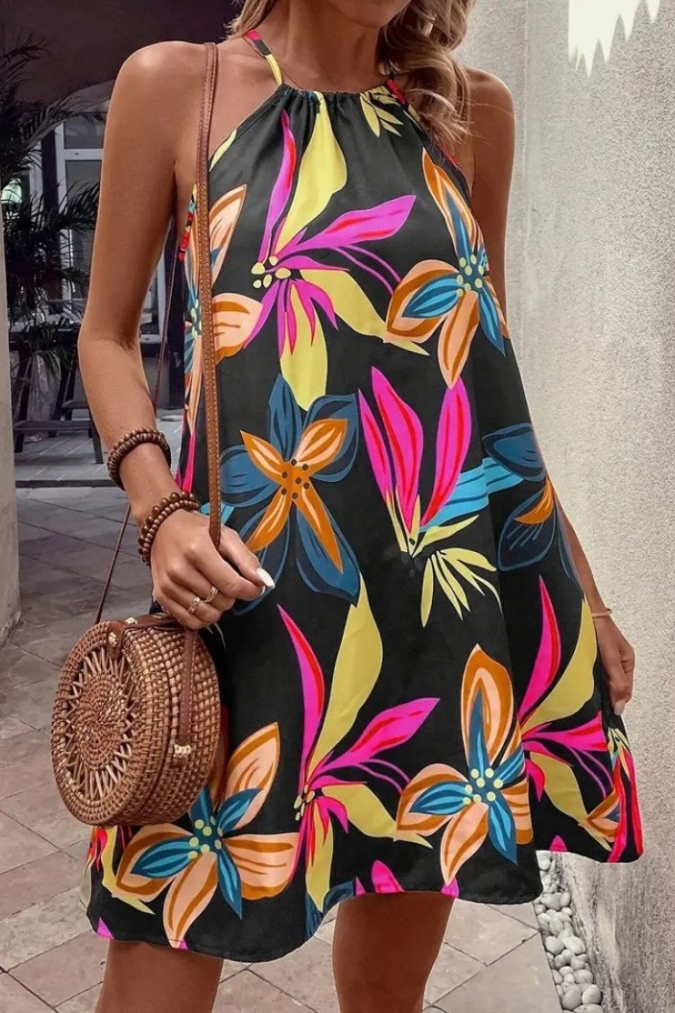 Women's Off Shoulder Floral Print Neck Tie Up Top Dress - Mix Color