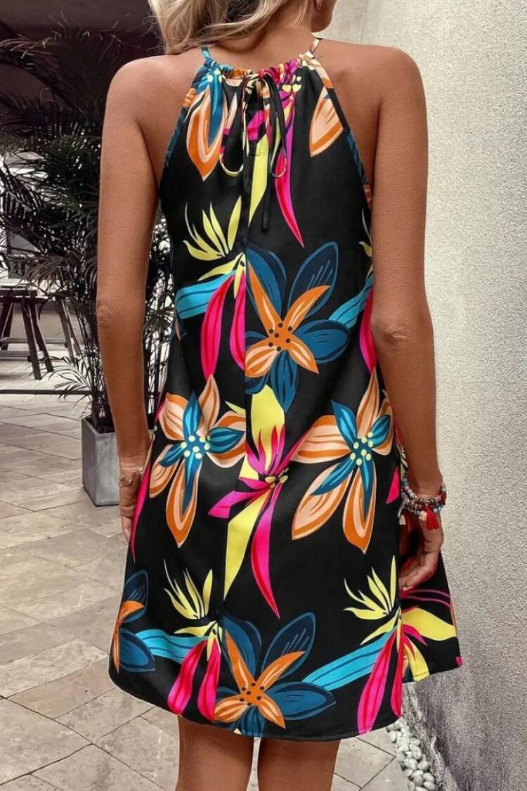 Women's Off Shoulder Floral Print Neck Tie Up Top Dress - Mix Color