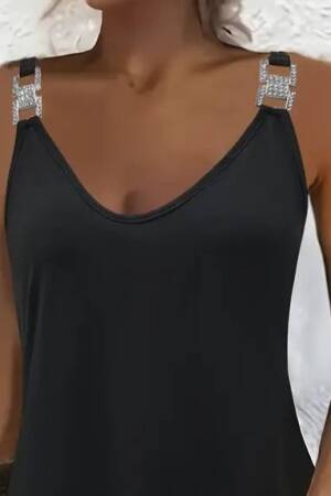 Women's Strappy V Neck Buckle Detailed Janjan Crepe Dress - Black - Janes - Globality Store - Women Clothes Wholesale Turkey