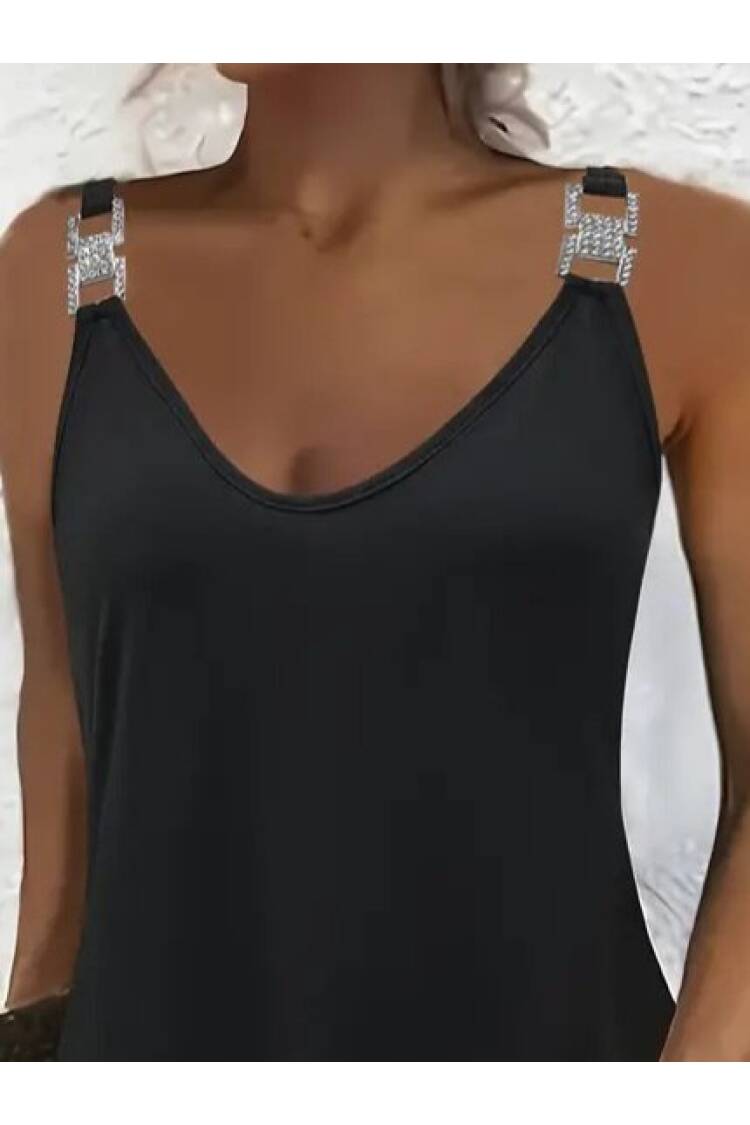 Women's Strappy V Neck Buckle Detailed Janjan Crepe Dress - Black