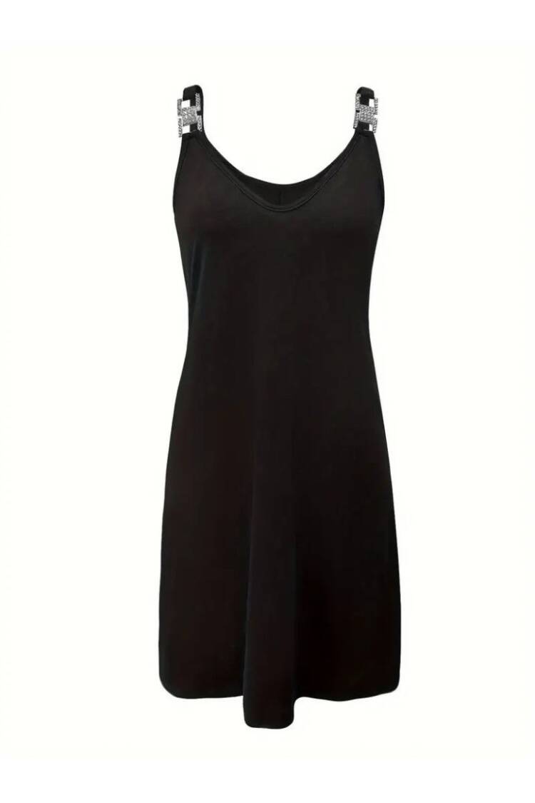 Women's Strappy V Neck Buckle Detailed Janjan Crepe Dress - Black
