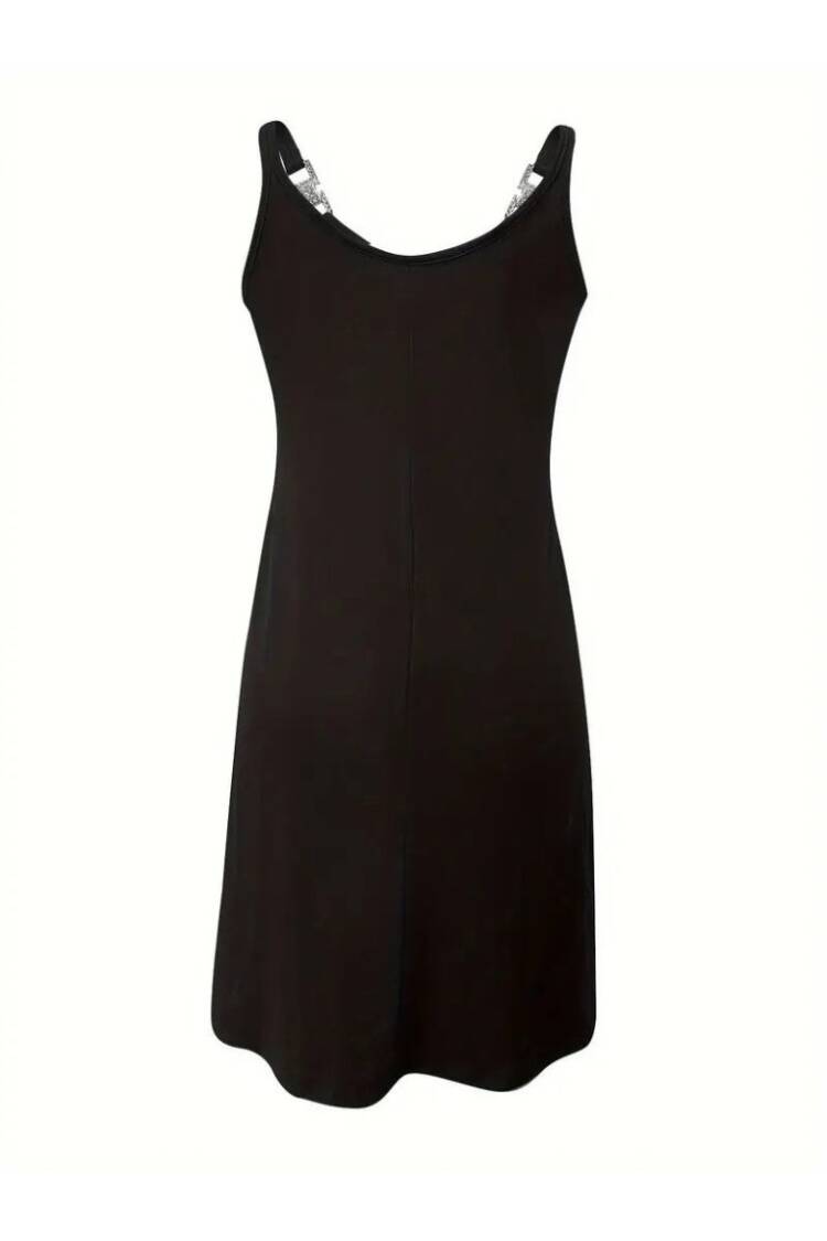 Women's Strappy V Neck Buckle Detailed Janjan Crepe Dress - Black