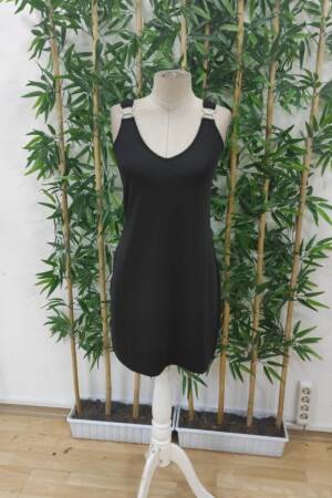 Women's Strappy V Neck Buckle Detailed Janjan Crepe Dress - Black - Janes - Globality Store - Women Clothes Wholesale Turkey
